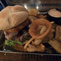 Club Mecca - Western burger with "house fries" and an extra onion ring my daughter gave me.