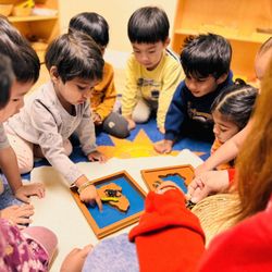 Here our toddlers are engaged in a hands-on land & water form activity, using animal figures to deepen their understanding of geography!