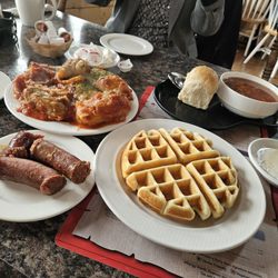 Farmers sausage, perogies, borscht with dinner roll, Dill gravy