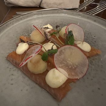 The Circus Restaurant - Cider cured ChalkStream trout, served with pickled apple, an apple and tarragon split dressing and wasabi mayonnaise - Modern European Near Me - Bath, BAS The Circus Restaurant - Cider cured ChalkStream trout, served with pickled apple, an apple and tarragon split dressing and wasabi mayonnaise - Modern European Near Me - Bath, BAS