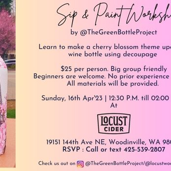 Sip and Paint Workshop - Join me for a fun craft workshop. You will make and take with you a cherry blossom themed upcycled wine bottle. - Art Classes Near Me - Kirkland, Washington Sip and Paint Workshop - Join me for a fun craft workshop. You will make and take with you a cherry blossom themed upcycled wine bottle. - Art Classes Near Me - Kirkland, Washington