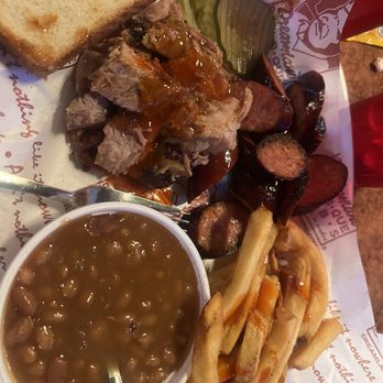 Dreamland BBQ - Sausage, pulled pork, fries, and baked beans - Barbeque Near Me - Montgomery, Alabama