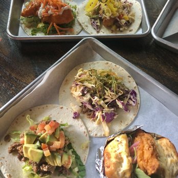 Circo - Chicken and biscuit (bottom right) impossible taco (bottom left), Mongolian beef taco, Buffalo chicken taco (TL), Thai shrimp taco (TR) - Mexican Near Me - Sarasota, Florida Circo - Chicken and biscuit (bottom right) impossible taco (bottom left), Mongolian beef taco, Buffalo chicken taco (TL), Thai shrimp taco (TR) - Mexican Near Me - Sarasota, Florida