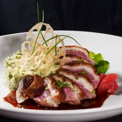 Pan Roasted Duck Breast L'Ami Louis Potato, Brussel Sprouts, Carmelized Onion, Blood Orange Jus