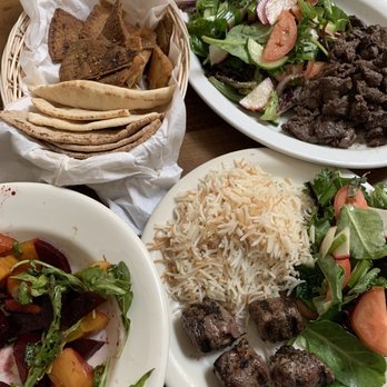 Chez Mansour - Beet salad, half plate lamb kabob with rice, full plate beef and lamb shawarma with full salad - Lebanese Near Me - Albany, California Chez Mansour - Beet salad, half plate lamb kabob with rice, full plate beef and lamb shawarma with full salad - Lebanese Near Me - Albany, California