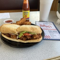Stafford's Big Burger - Shrimp poboy w/onion rings