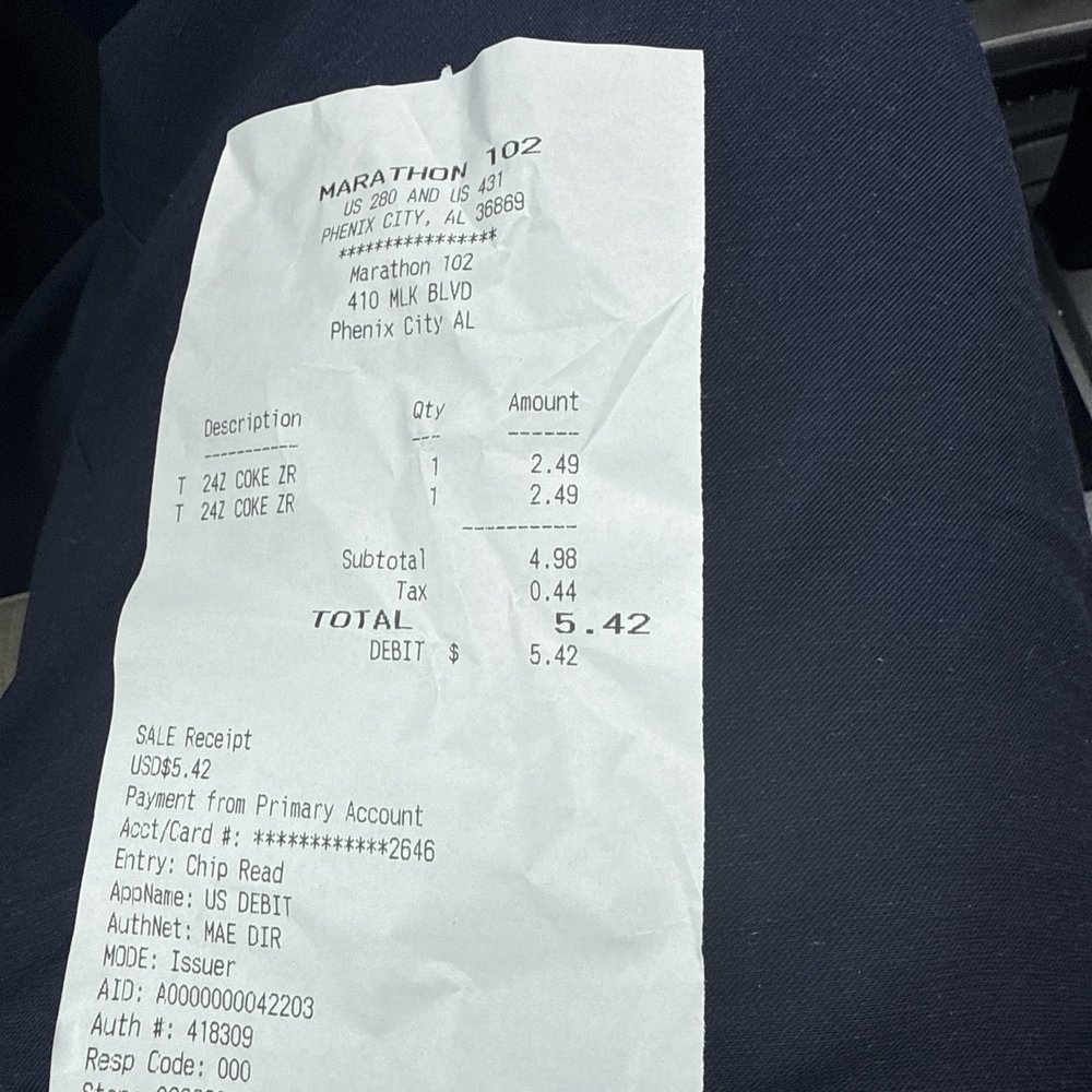 marathon - Should have been 4.50 plus tax - Gas Stations Near Me - Phenix City, Alabama marathon - Should have been 4.50 plus tax - Gas Stations Near Me - Phenix City, Alabama