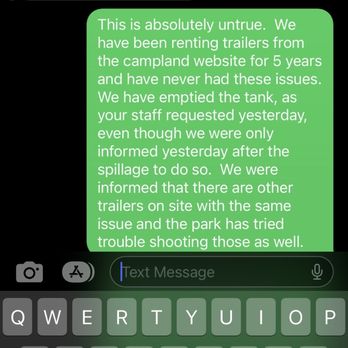 Stress Free RVs - Text message showing the owner blaming our family for the spill. - RV Rental Near Me Stress Free RVs - Text message showing the owner blaming our family for the spill. - RV Rental Near Me