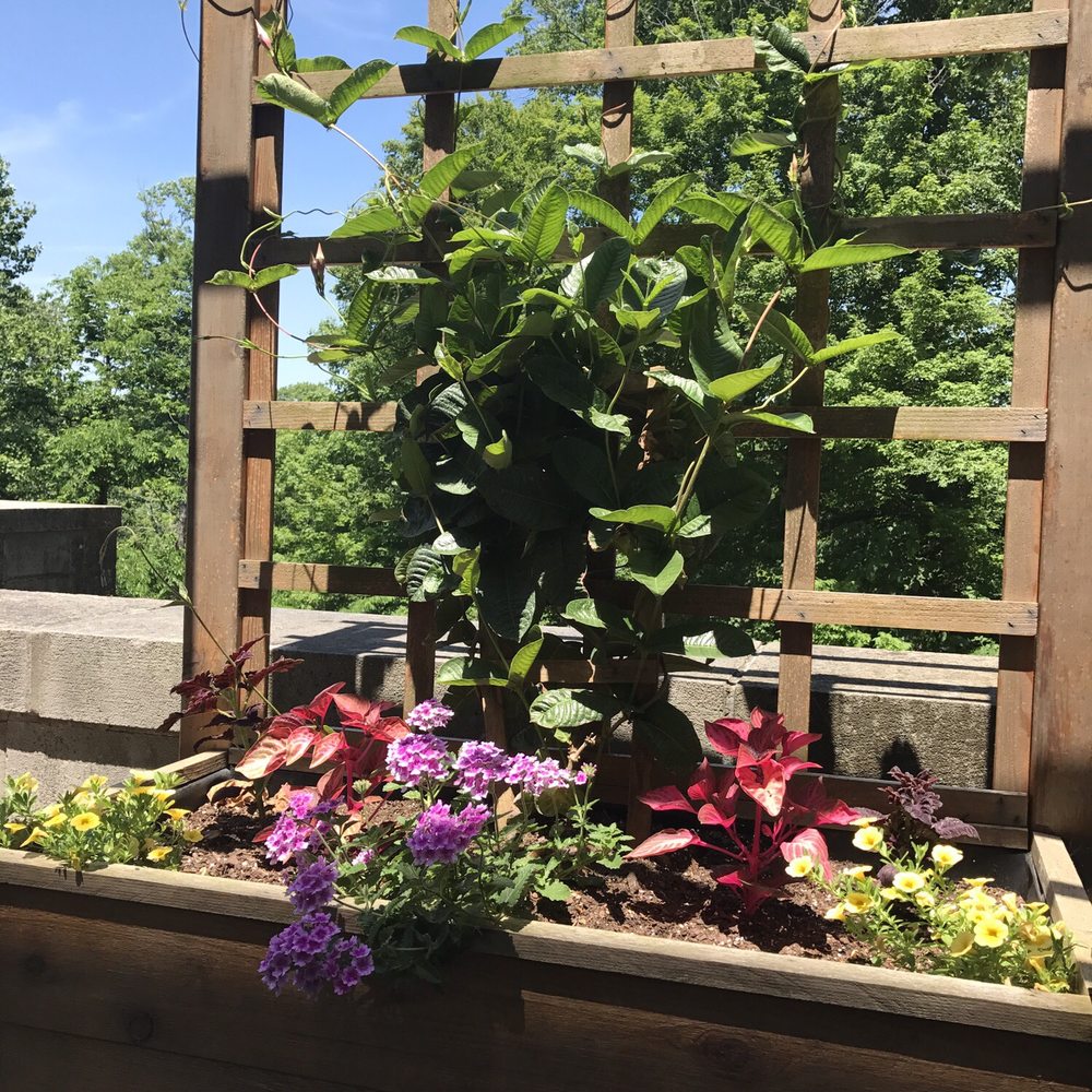 Spring Mill Inn at Spring Mill State Park - Flower arrangements on the back patio at the Inn - Parks Near Me - Mitchell, Indiana