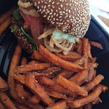 SAUSAL - Organic salmon burger with sweet potato fries!! Yummy!!! - Mexican Near Me - El Segundo, California SAUSAL - Organic salmon burger with sweet potato fries!! Yummy!!! - Mexican Near Me - El Segundo, California