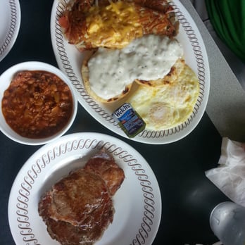 Waffle House - Ribeye&eggs w/ bisct (sausg grvy), hshbrwn (all the way - cheese, onions, ham, tomtos, jalapenos & mushrms w chili on the side) - Breakfast & Brunch Near Me - Lancaster, Pennsylvania