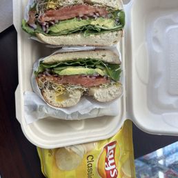 Veggie sandwich (everything bagel, no cheese). Comes with a side (i chose bag of chips)