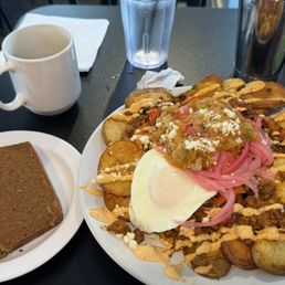 Spicy Chorizo Hash with a side Add a piece of Scrapple