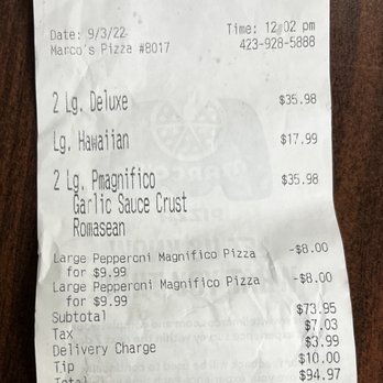 Marco's Pizza - Receipt from 2nd order - Pizza Near Me - Johnson City, Tennessee Marco's Pizza - Receipt from 2nd order - Pizza Near Me - Johnson City, Tennessee