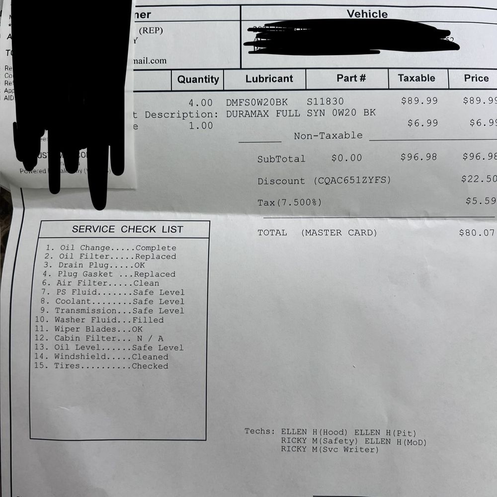 Take 5 Oil Change - Receipt of service - Oil Change Stations Near Me - Lutz, Florida Take 5 Oil Change - Receipt of service - Oil Change Stations Near Me - Lutz, Florida