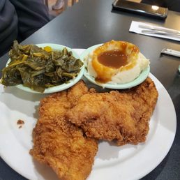 Catfish entree with collards and mashed potatoes/gravy Catfish entree with collards and mashed potatoes/gravy