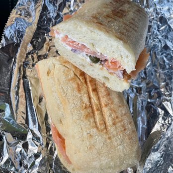 J Café - Carlton Carter Hack - Grilled Bagel with Lox, Capers, Red Onion and Cream Cheese (Served on Ciabatta) - Cafes Near Me - Portland, Oregon