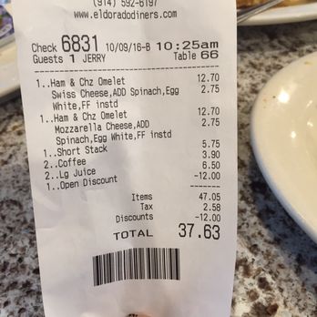 Eldorado Diner - Prices on their menu don't reflect these prices noticed this on the way out so be cautious!! - Diners Near Me - Elmsford, New York Eldorado Diner - Prices on their menu don't reflect these prices noticed this on the way out so be cautious!! - Diners Near Me - Elmsford, New York