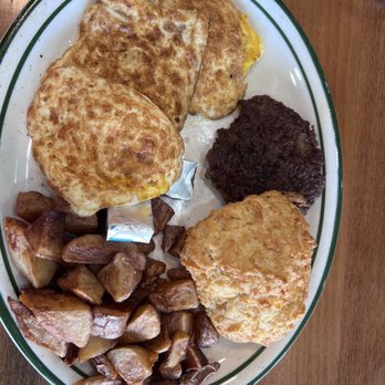 Bee’s Bakery Cafe - 3 eggs over hard, sausage, potatoes, freshly baked biscuit - Bakeries Near Me - Oakhurst, California Bee’s Bakery Cafe - 3 eggs over hard, sausage, potatoes, freshly baked biscuit - Bakeries Near Me - Oakhurst, California
