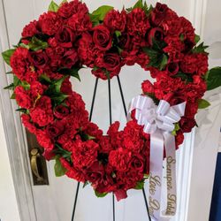 Seatac Buds & Blooms - Red Hear Wreath. Roses, carnations