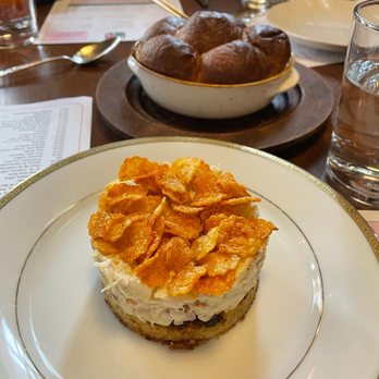 A5 Steakhouse - Crabby French toast topped with house made tiny chips, a fantastic sneaky dish. - Steakhouses Near Me - Denver, Colorado