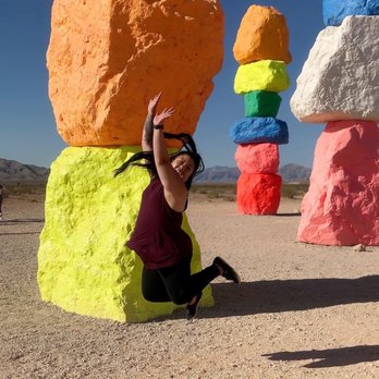 Seven Magic Mountains - Jumping for joy from large painted rocks @veefoodlife - Public Art Near Me - Las Vegas, Nevada