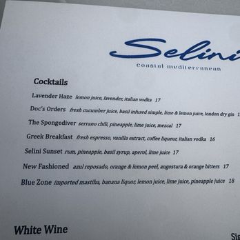 Selini - Menu for cocktails and happy hour, which, by the way, is offered DAILY at the bar!!!!! Winner winner right there! - Greek Near Me - Delray Beach, Florida