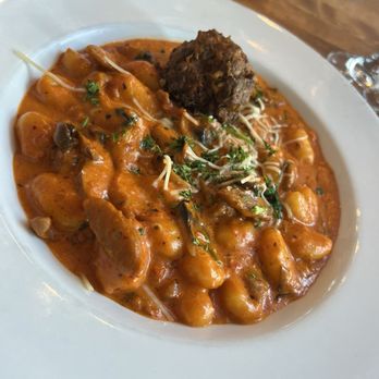 Mangiare Italian Restaurant - Gnocchi all Vodka with added meatball and sausage - Italian Near Me - Independence, Oregon Mangiare Italian Restaurant - Gnocchi all Vodka with added meatball and sausage - Italian Near Me - Independence, Oregon