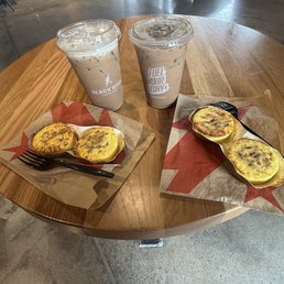 Blackout latte on left and Mexican mocha on right , Cheddar, & Monterey Jack Egg Bites all delicious Blackout latte on left and Mexican mocha on right , Cheddar, & Monterey Jack Egg Bites all delicious