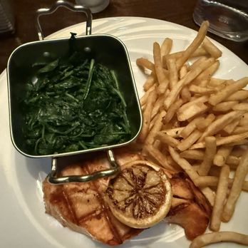 District - Salmon w fries and spinach. Was not overdone. Moist. Spinach was very nicely sauteed. - Cocktail Bars Near Me - Los Angeles, California