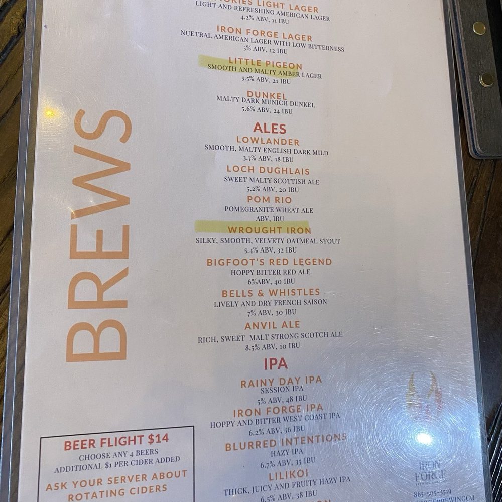 Iron Forge Brewing Co. - Brews menu (highlighted what we selected) - Breweries Near Me - Sevierville, Tennessee Iron Forge Brewing Co. - Brews menu (highlighted what we selected) - Breweries Near Me - Sevierville, Tennessee
