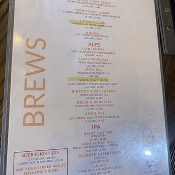 Iron Forge Brewing Co. - Brews menu (highlighted what we selected) - Breweries Near Me - Sevierville, Tennessee