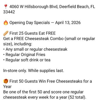 Charleys Cheesesteaks - Promotion on facebook for this establishment - Fast Food Near Me - Deerfield Beach, Florida