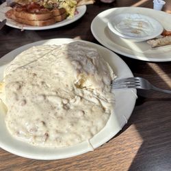 Dave's Diner - Sausage gravy on big big bisquits & poached eggs with sausage & bacon