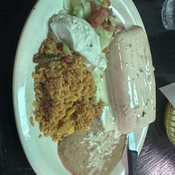 Mariachis Mexican Griil - Chicken chimichanga, rice, beans, and salad