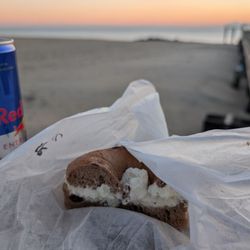 Hole In One Bagel-Deli - Sunrise with Hole-in-One. Cinnamon raisin (not toasted!) with plain cream cheese. Red Bull for scale... diabetes... And heart attack.
