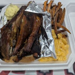 Rib Shack Smoke House - Ribs with homemade mac and cheese and sweet potato fries.