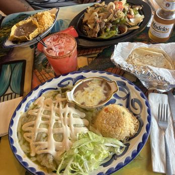 El Rancho - Front: Shredded Steak Enchiladas Back: Fajitas - Mexican Near Me - Goshen, New York