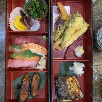 Ando Japanese Restaurant - Bento box with mackerel, nigiri, tenpura veggies and red miso eggplant. - Japanese Near Me - Cincinnati, Ohio Ando Japanese Restaurant - Bento box with mackerel, nigiri, tenpura veggies and red miso eggplant. - Japanese Near Me - Cincinnati, Ohio