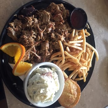Cali BBQ - Pulled pork plate with shoestring fries, potato salad, and jalapeño corn bread sooo goood - Barbeque Near Me - Spring Valley, California