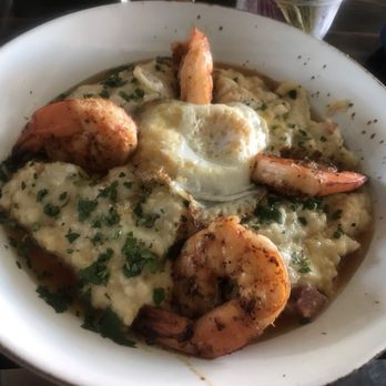 The Attic - Shrimp and grits with half fried egg - Breakfast & Brunch Near Me - Long Beach, California
