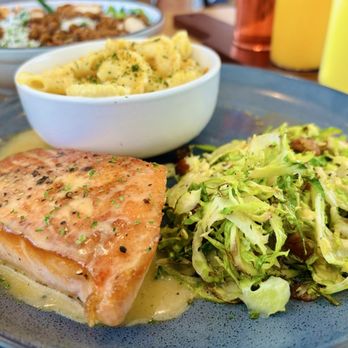 Dish Society - Citrus Salmon, Truffle Mac, Brussels Sprouts. - Southern Near Me - Austin, Texas Dish Society - Citrus Salmon, Truffle Mac, Brussels Sprouts. - Southern Near Me - Austin, Texas