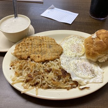 Pam's Restaurant & Coffee Shop - Thursday Special, chicken fried steak hashbrowns two eggs and awesome biscuit with gravy. - Diners Near Me - Granbury, Texas