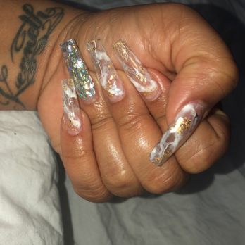 K Nails - Norco - Gel Marble coffin set with glitter powder on ring finger and gold and silver flakes - Nail Salons Near Me - Norco, California K Nails - Norco - Gel Marble coffin set with glitter powder on ring finger and gold and silver flakes - Nail Salons Near Me - Norco, California