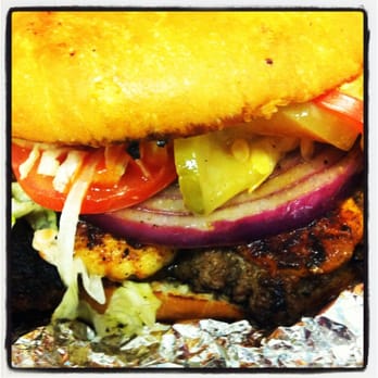 Jemil's Big Easy - Bayou Burger. Blackened Shrimp on top of beef burger. Fork and Knife Burger - Caterers Near Me - Seattle, Washington Jemil's Big Easy - Bayou Burger. Blackened Shrimp on top of beef burger. Fork and Knife Burger - Caterers Near Me - Seattle, Washington