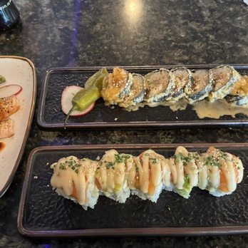 Aiko - Sa'mon(salmon), Boom Boom Pow Roll, So Fine Roll (left to right) - Sushi Bars Near Me - Rancho Cordova, California Aiko - Sa'mon(salmon), Boom Boom Pow Roll, So Fine Roll (left to right) - Sushi Bars Near Me - Rancho Cordova, California