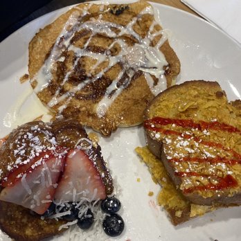 Broken Yolk Cafe - Crunchy French Toast , Cinna-Cakes and I forget. They give you all 3 on the plate to try. - American Near Me - Glendora, California Broken Yolk Cafe - Crunchy French Toast , Cinna-Cakes and I forget. They give you all 3 on the plate to try. - American Near Me - Glendora, California