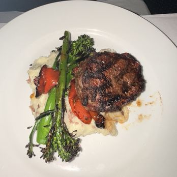 800 Maple - Filet Mignon - A dinner plate featuring a grilled filet mignon, roasted red peppers, asparagus, and mashed potatoes with vegetables. - New American Near Me - Williamsville, New York