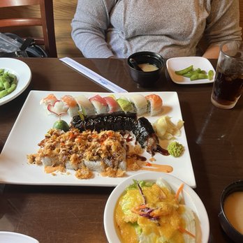 Sushi Cafe - house salad with freshly made ginger dressing, miso soup, edamame, unsweet iced tea, and hot green tea - Japanese Near Me - Duluth, Georgia Sushi Cafe - house salad with freshly made ginger dressing, miso soup, edamame, unsweet iced tea, and hot green tea - Japanese Near Me - Duluth, Georgia