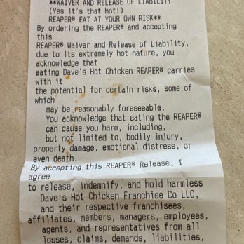 Dave's Hot Chicken - Waiver to eat Reaper level spicy chicken. A gimmick for sure, but lol! - Chicken Shop Near Me - Sunnyvale, California Dave's Hot Chicken - Waiver to eat Reaper level spicy chicken. A gimmick for sure, but lol! - Chicken Shop Near Me - Sunnyvale, California